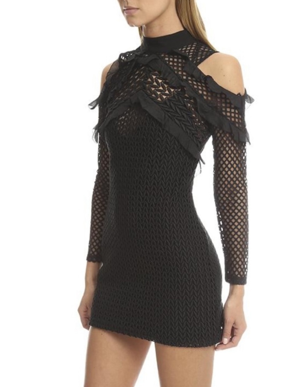 Self-Portrait Black Long-Sleeve Mesh Ruffle Dress